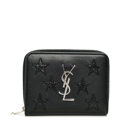 Saint Laurent Calfskin Star Embellished Compact Zip Around Wallet Black 1 of 6