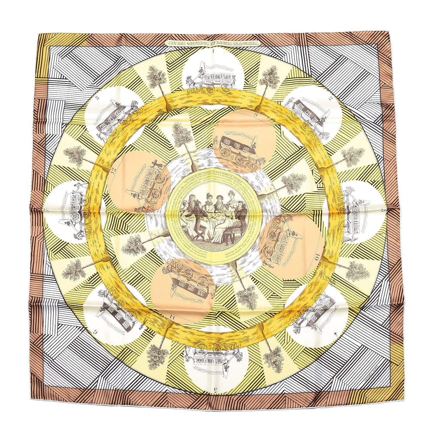 Hermes Silk Jeu Des Omnibus Remix Scarf 90 Blanc Jaune Beige 1 of 7