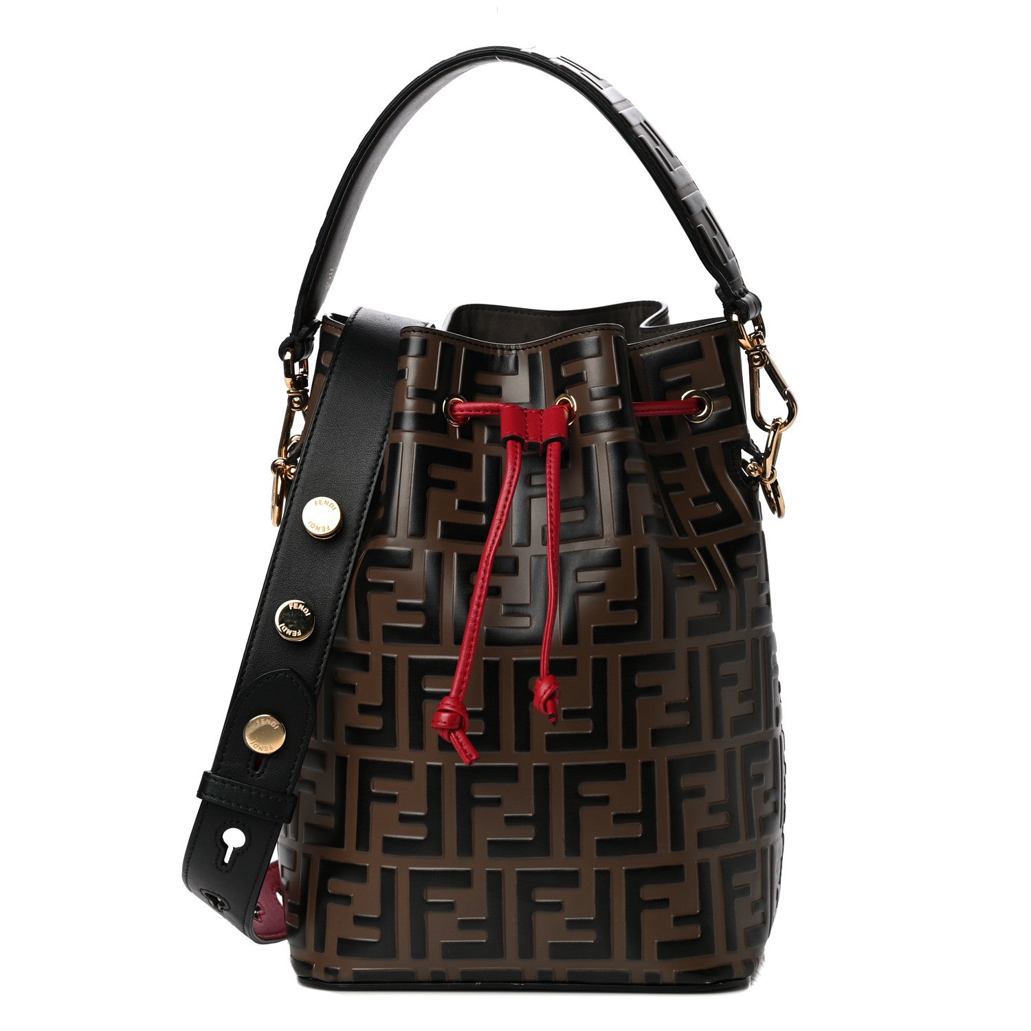 Fendi Vitello Grace F is Fendi Bi-Color FF 1974 Embossed Grande Mon Tresor Bucket Bag Maya Black Fragola 1 of 12