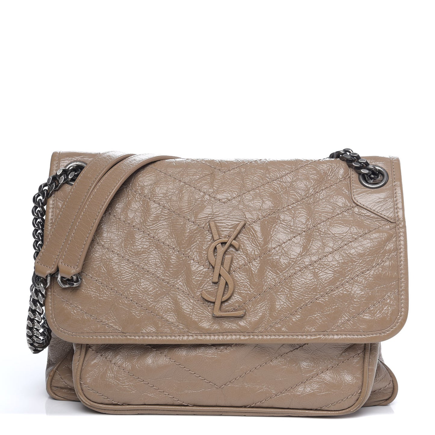 Crinkled Calfskin Matelasse Monogram Medium Niki Chain Satchel Light Taupe