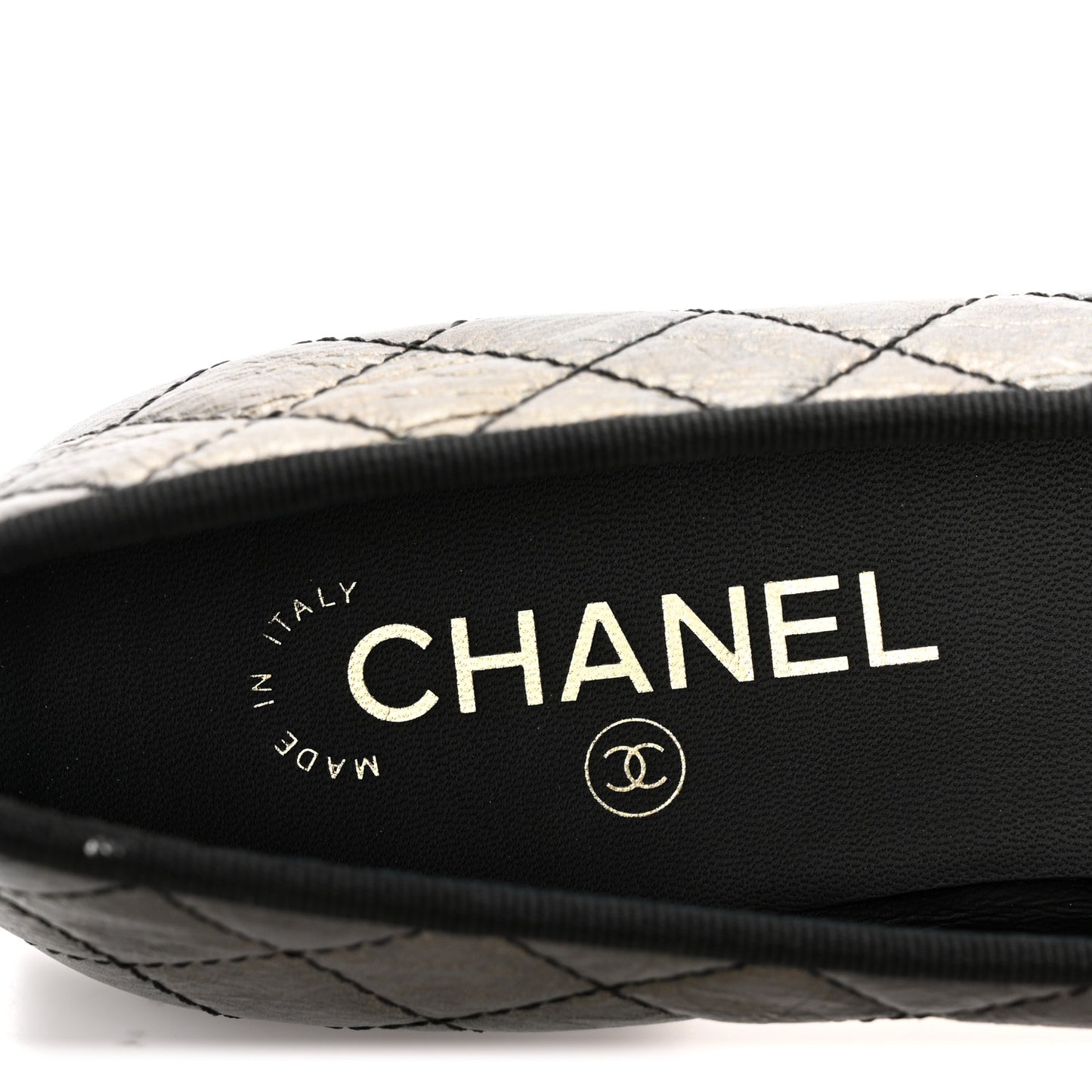 Metallic Aged Calfskin Quilted CC Cap Toe Ballerina Flats 38.5 Dark Silver