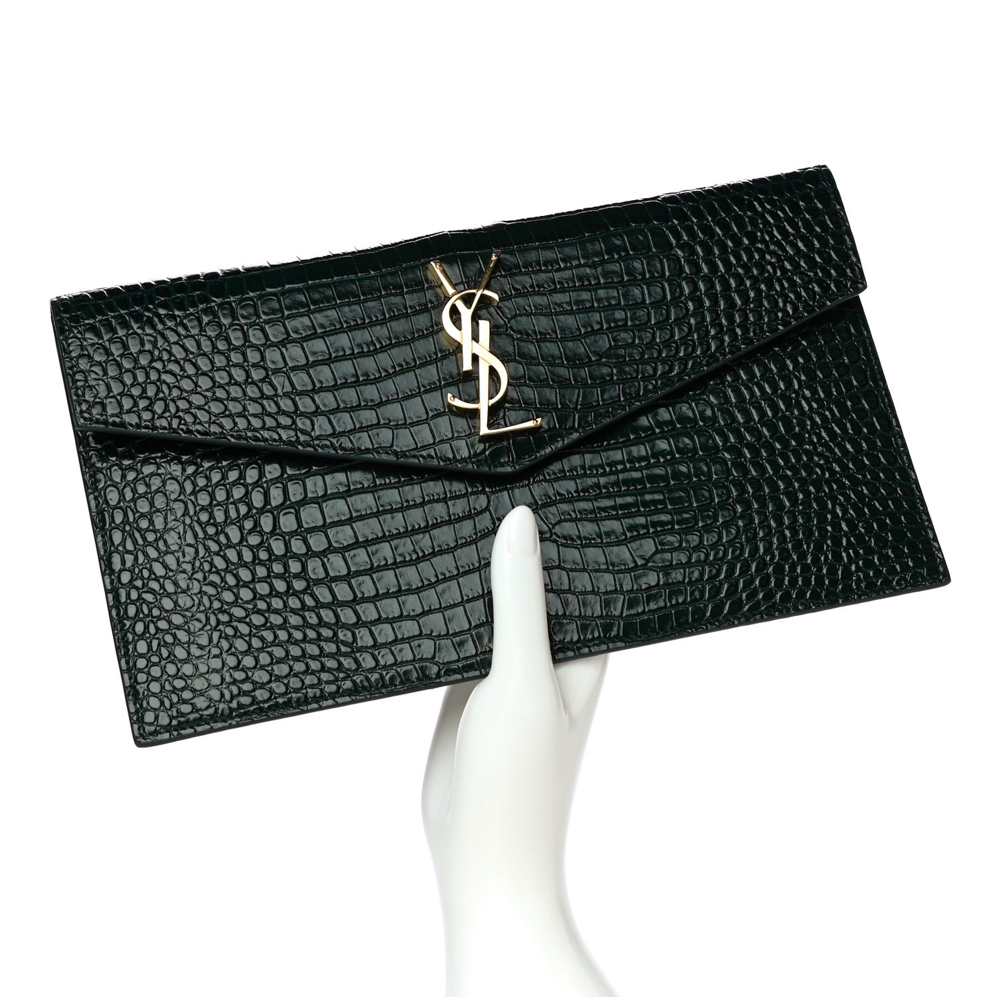 Calfskin Crocodile Embossed Uptown Monogram Clutch Dark Green