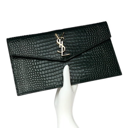 Saint Laurent Calfskin Crocodile Embossed Uptown Monogram Clutch Dark Green 2 of 12