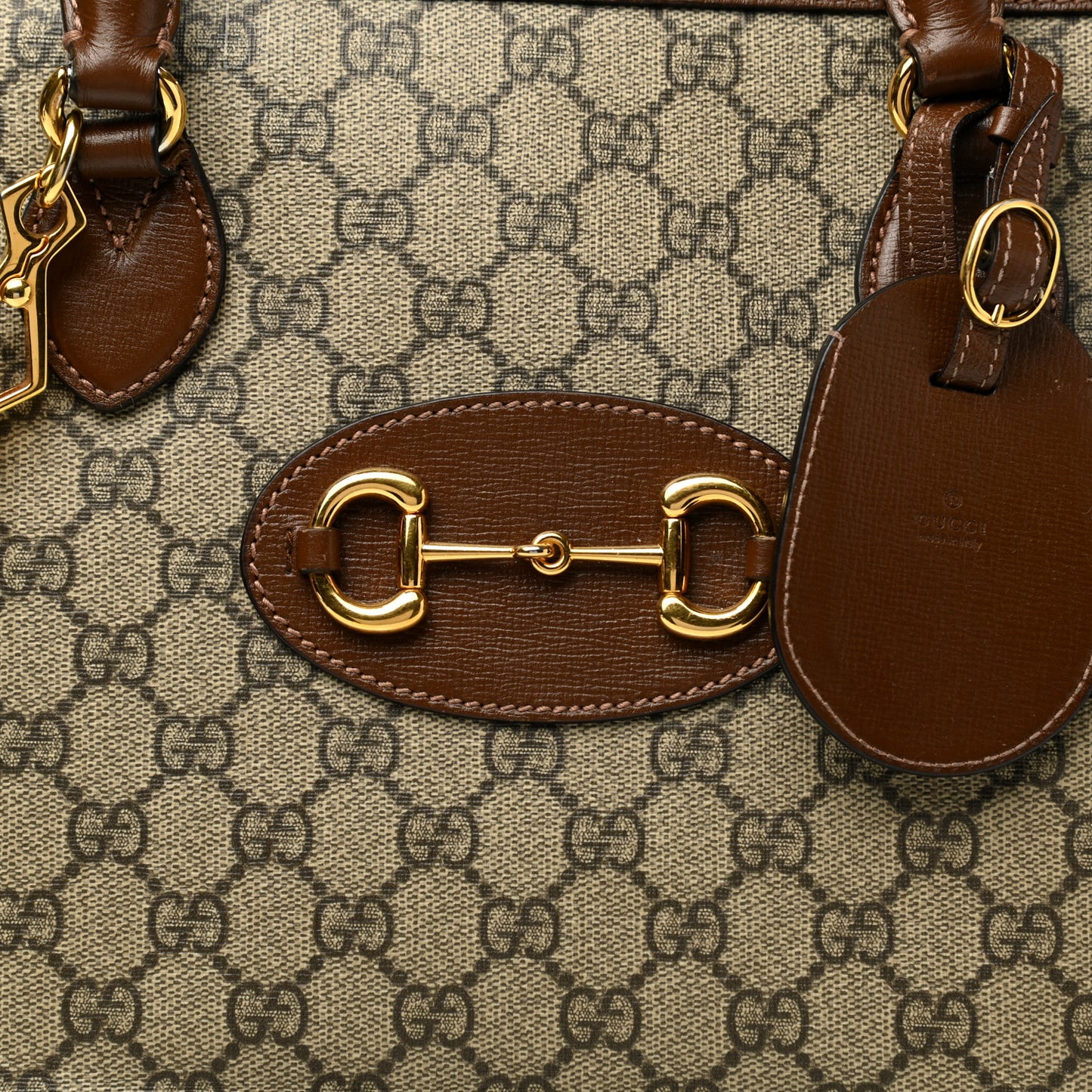 GG Supreme Monogram Azalea Calfskin Horsebit 1955 Duffle Bag Beige Ebony Brown Sugar