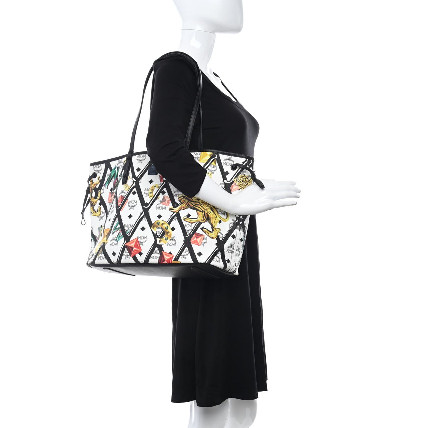 Visetos Calfskin Motif Rombi Lion Printed Reversible Shopper Tote White