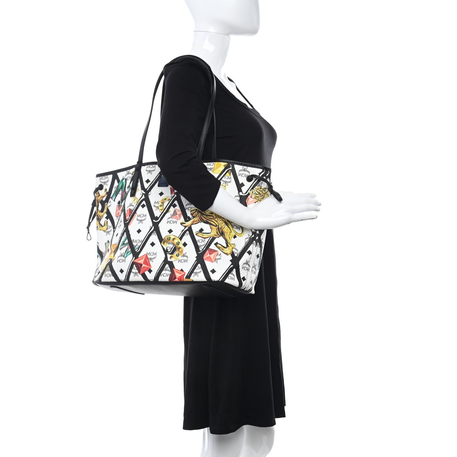 MCM Visetos Calfskin Motif Rombi Lion Printed Reversible Shopper Tote White 2 of 16