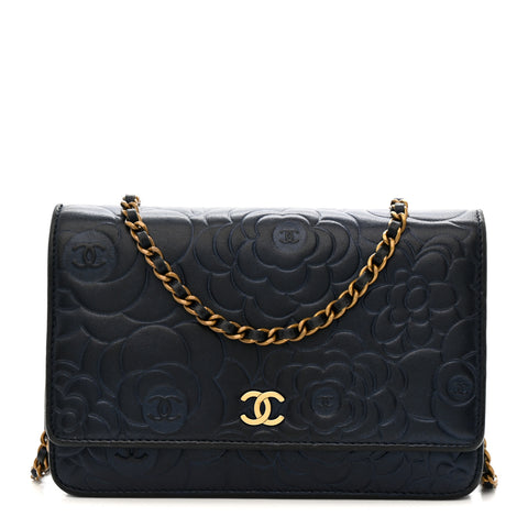 Metallic Lambskin Camellia Embossed Wallet on Chain WOC Navy