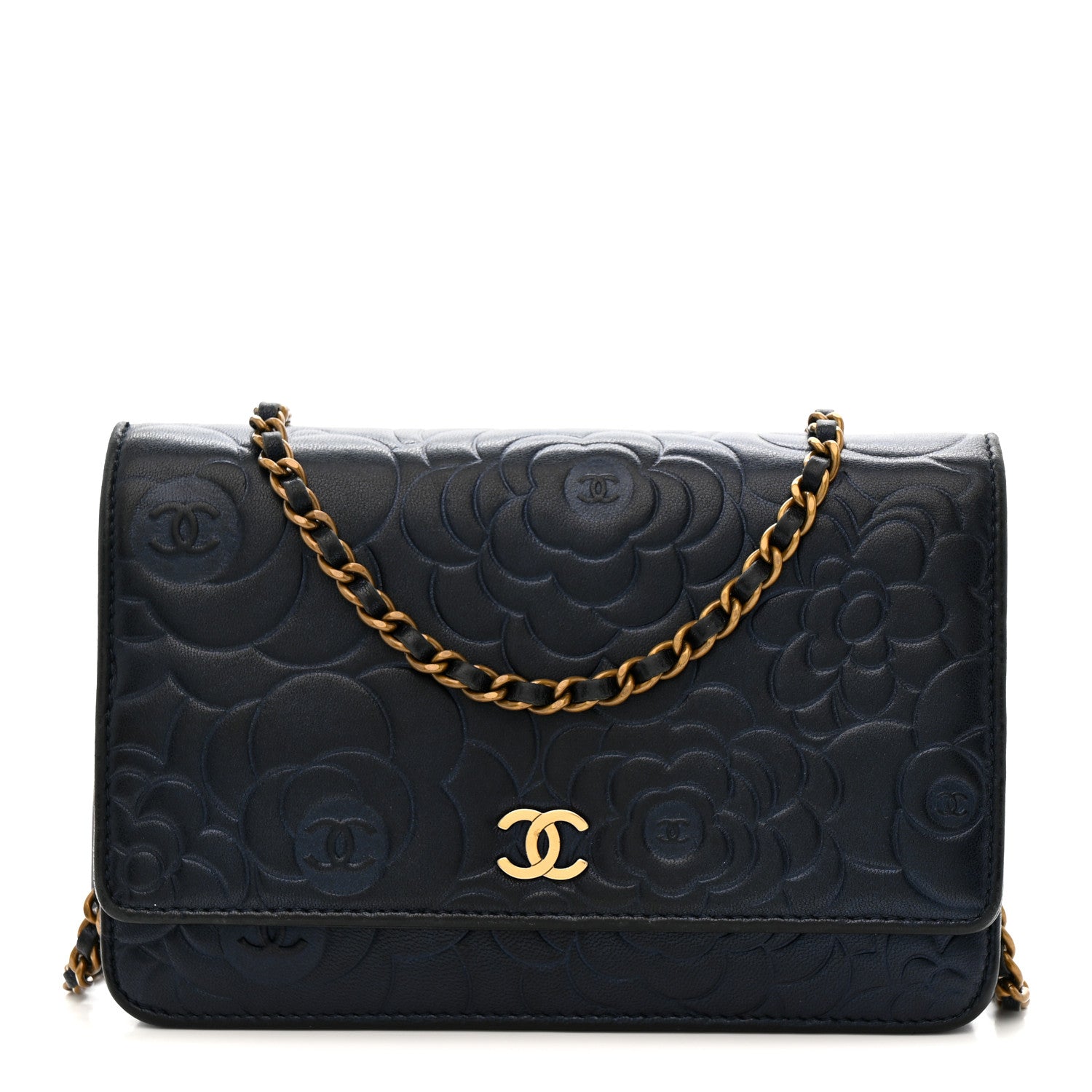Chanel Metallic Lambskin Camellia Embossed Wallet on Chain WOC Navy 1 of 11