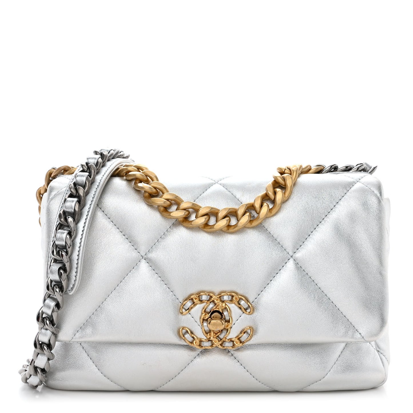 Metallic Lambskin Quilted Medium Chanel 19 Flap Silver