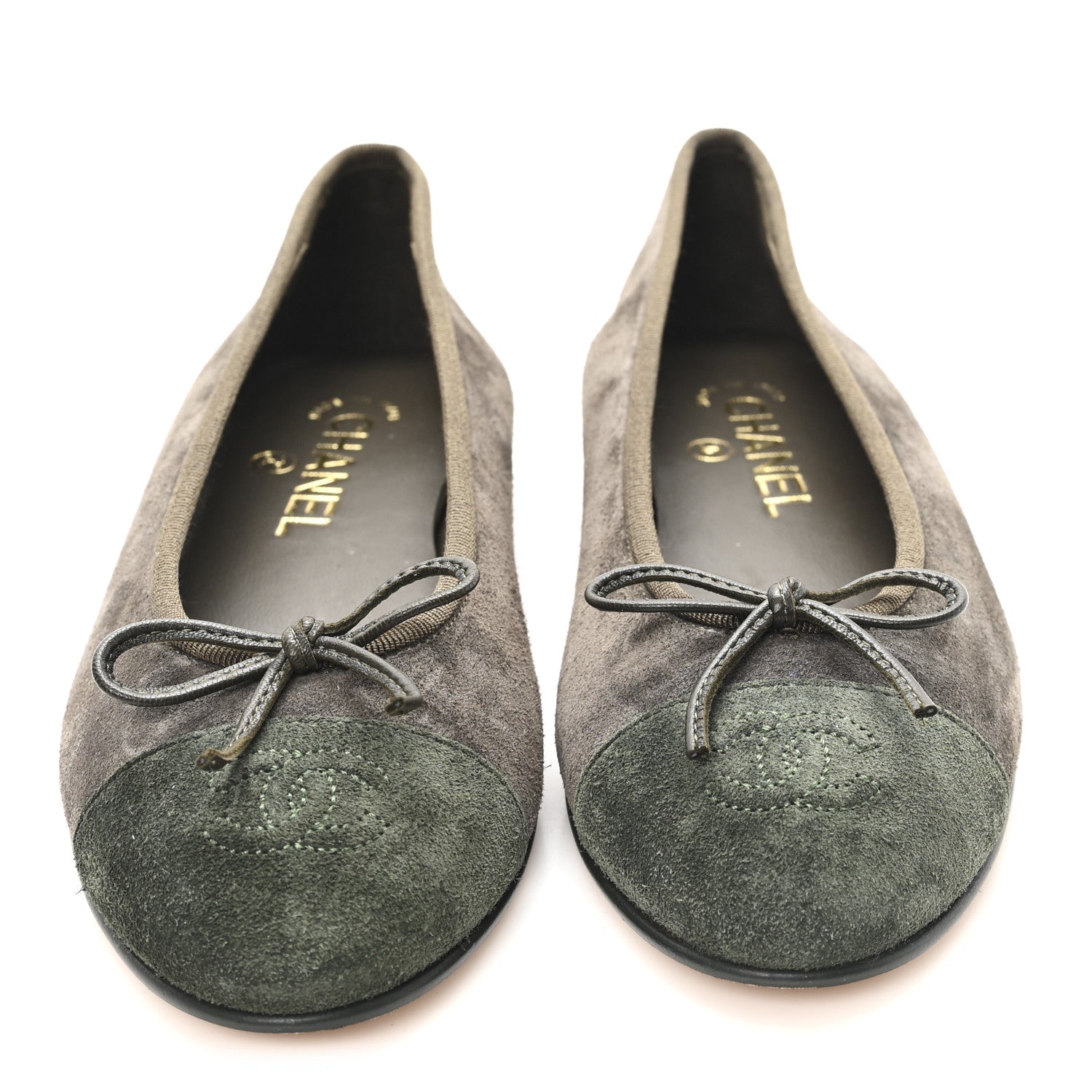 Chanel Suede Cap Toe CC Ballerina Flats 37 Grey Green 1781189