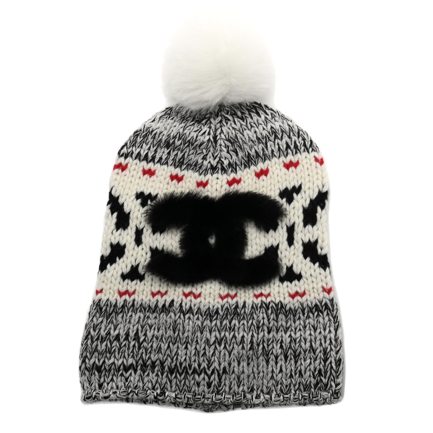 Wool Shearling CC Beanie Hat Ivory Black Red