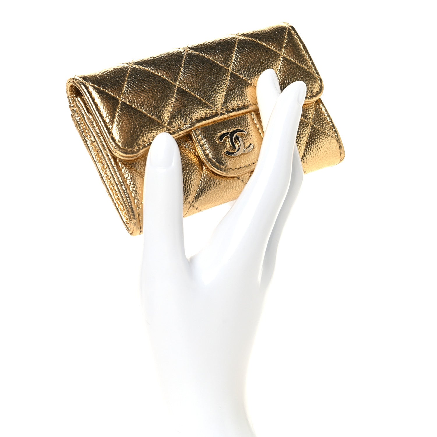 CHANEL ゴールド マネークリップ Chanel Metallic Caviar Quilted Flap Card Holder Wallet Gold