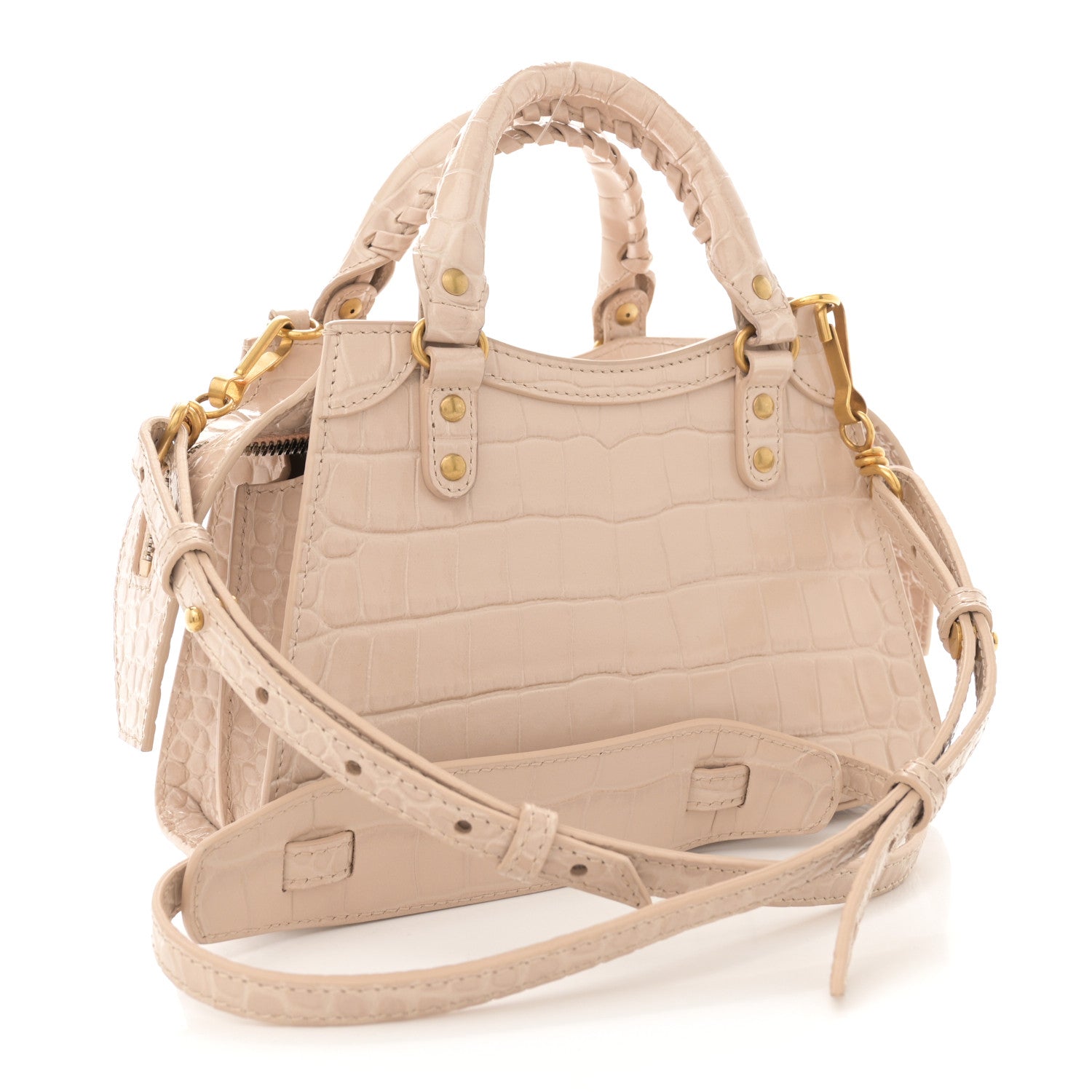 Balenciaga Shiny Supple Calfskin Crocodile Embossed Neo Classic Gold Hardware Mini City Light Beige 3 of 13