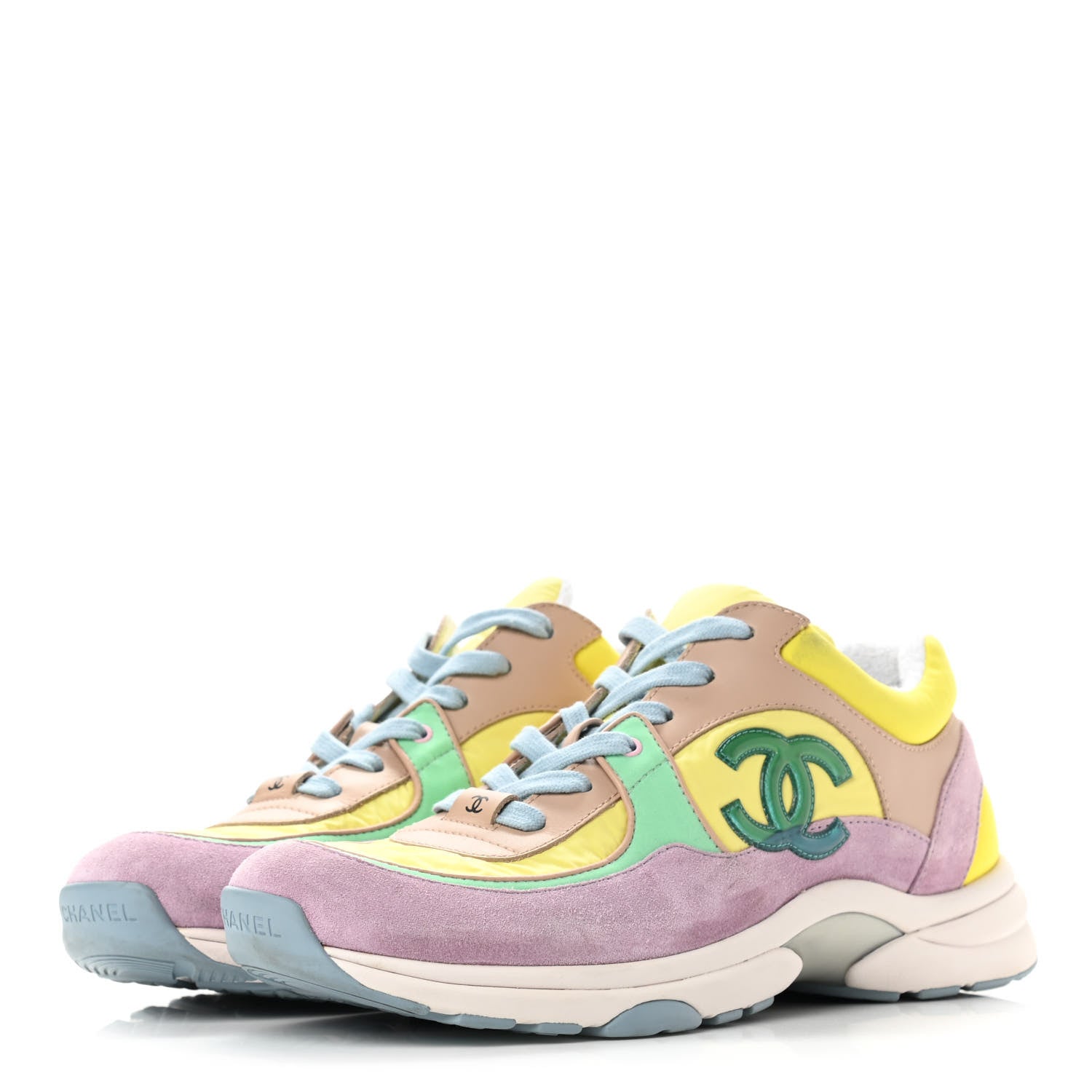 Chanel Nylon Lambskin Calfskin Suede CC Womens Sneakers 40 Pink Yellow Purple 3 of 10