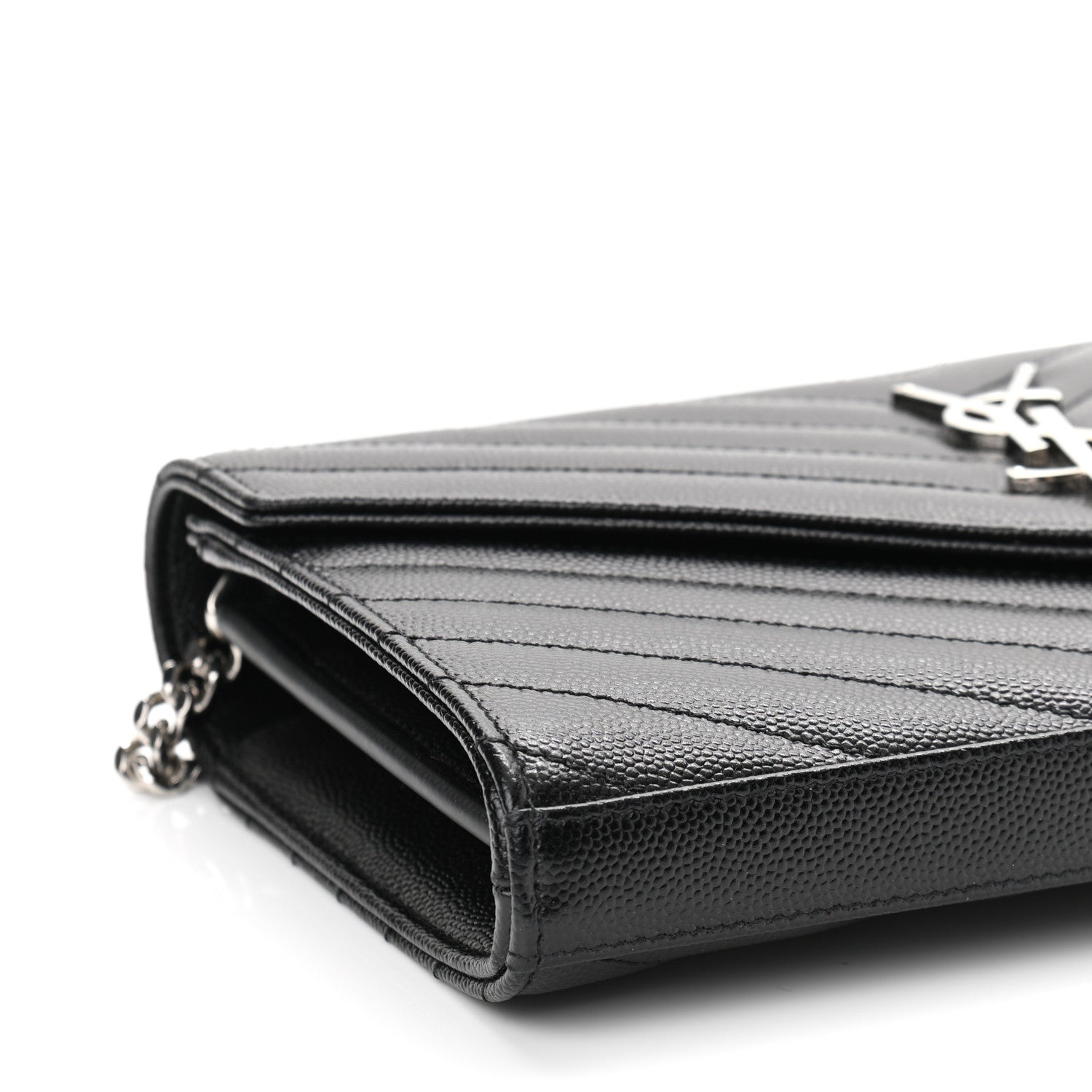 Saint Laurent Grain De Poudre Matelasse Chevron Monogram Chain Wallet Black 8 of 11