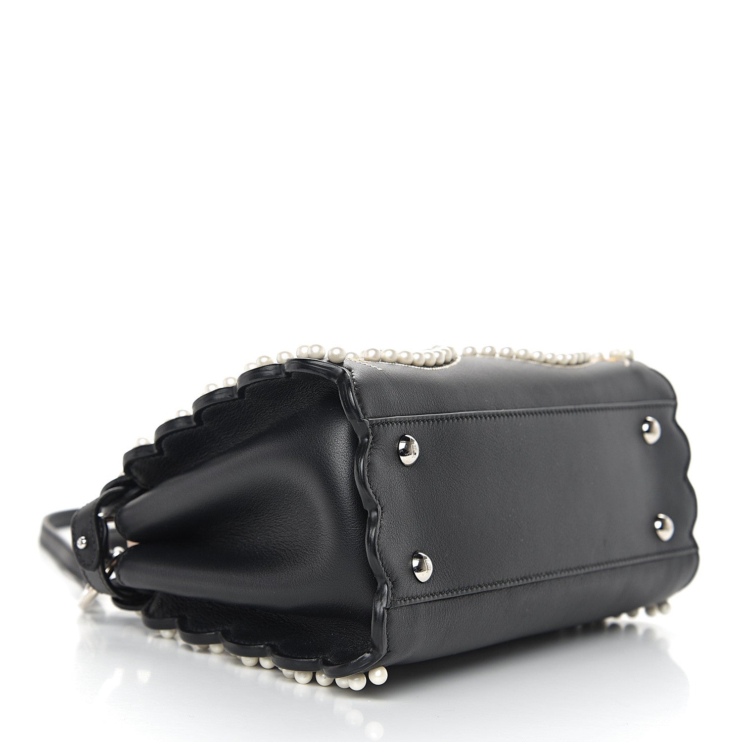 Fendi Calfskin Flowers and Bows Scalloped Mini Peekaboo Iconic Satchel Black Camelia 3 of 8