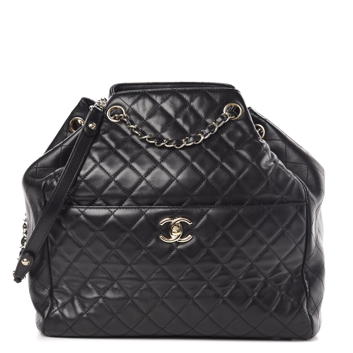Lambskin Quilted Large Drawstring Bag Black