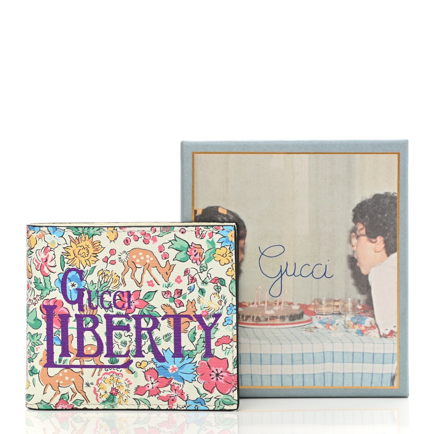 X LIBERTY OF LONDON Calfskin Floral Fawn Print Bi-Fold Wallet Multicolor Purple Ivory