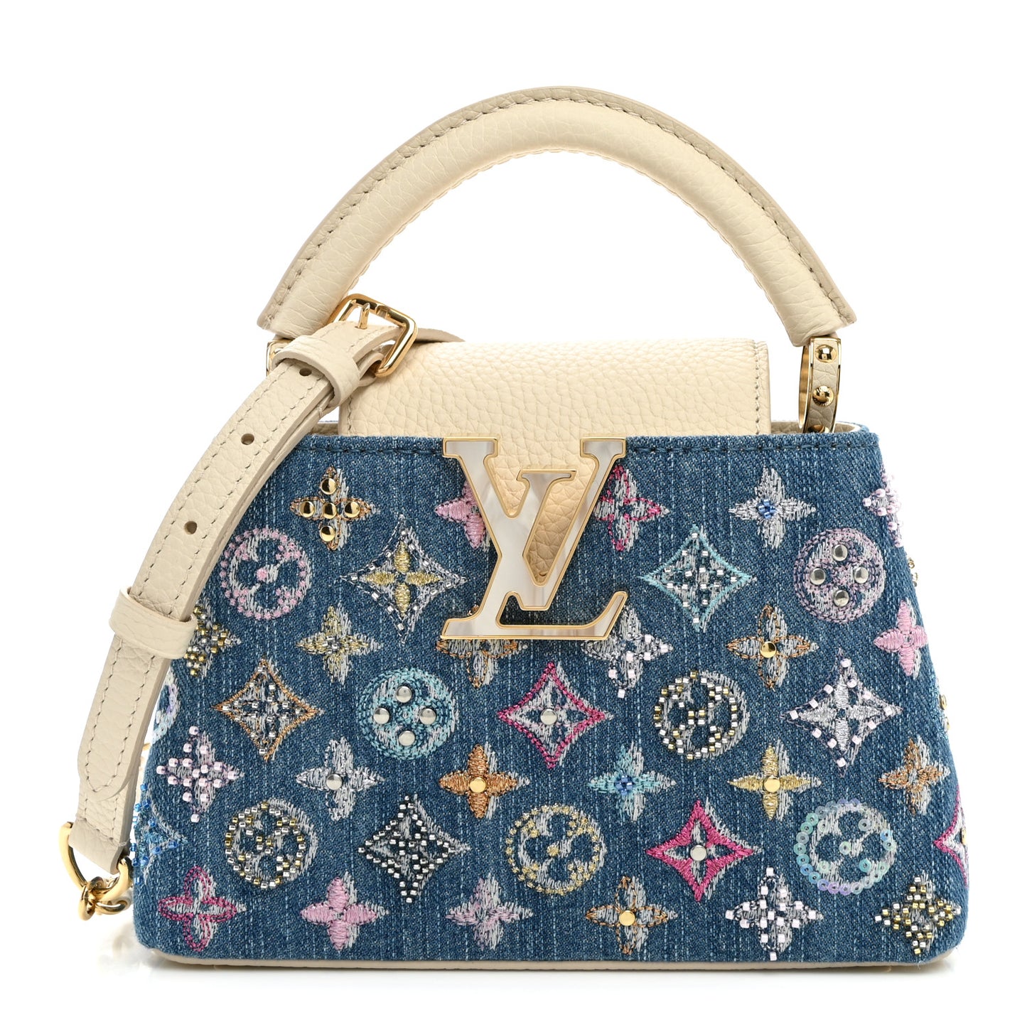 Denim Lurex Beaded Calfskin Capucines Mini Blue Cream