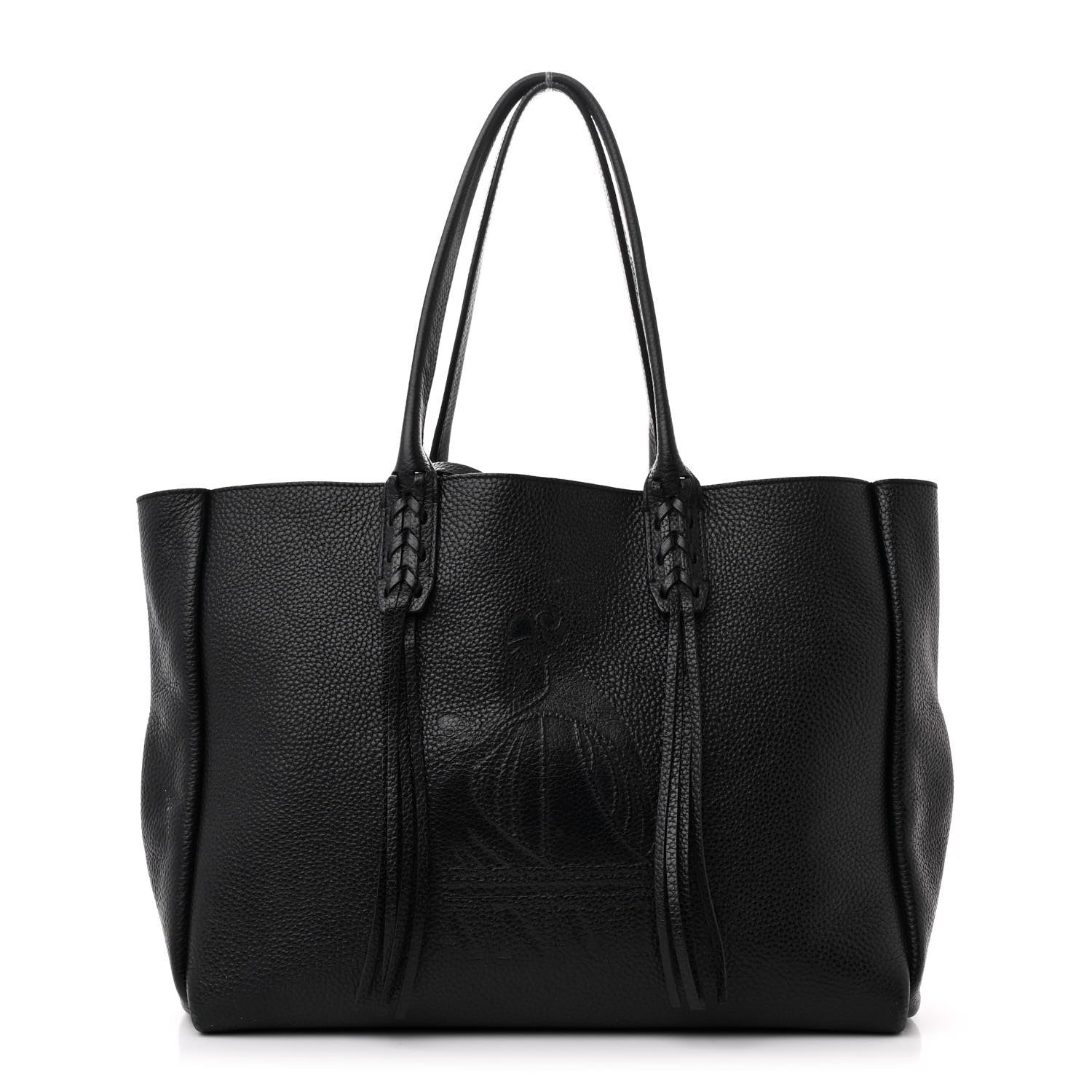 Lanvin Grained Calfskin Logo Small Fringe Shopper Tote Black 1 of 12