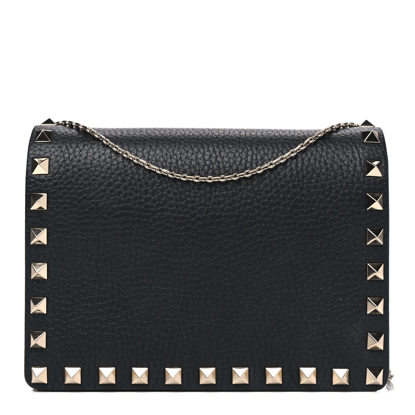 Pebbled Calfskin Rockstud Wallet on Chain Black