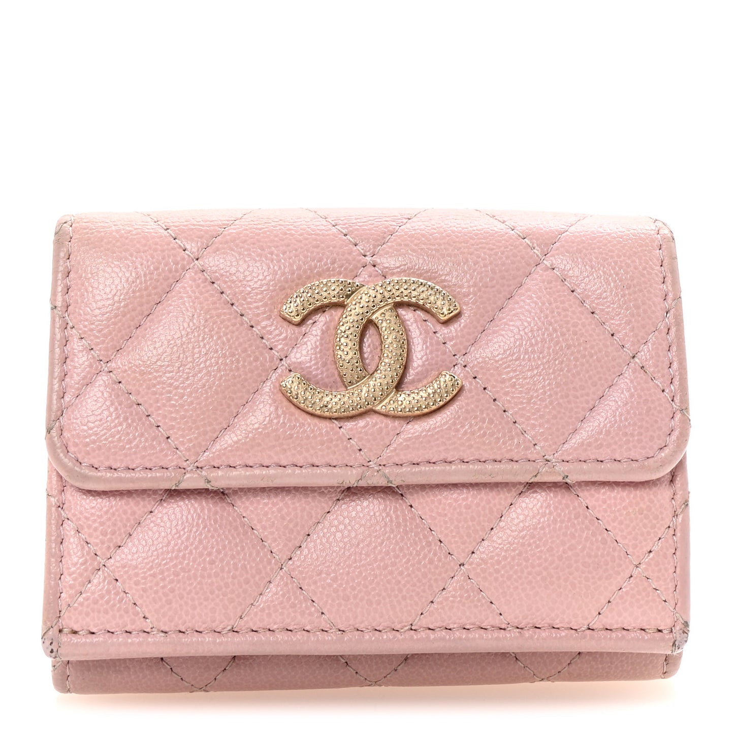 Caviar Quilted Studded CC Double Flap Wallet Light Pink