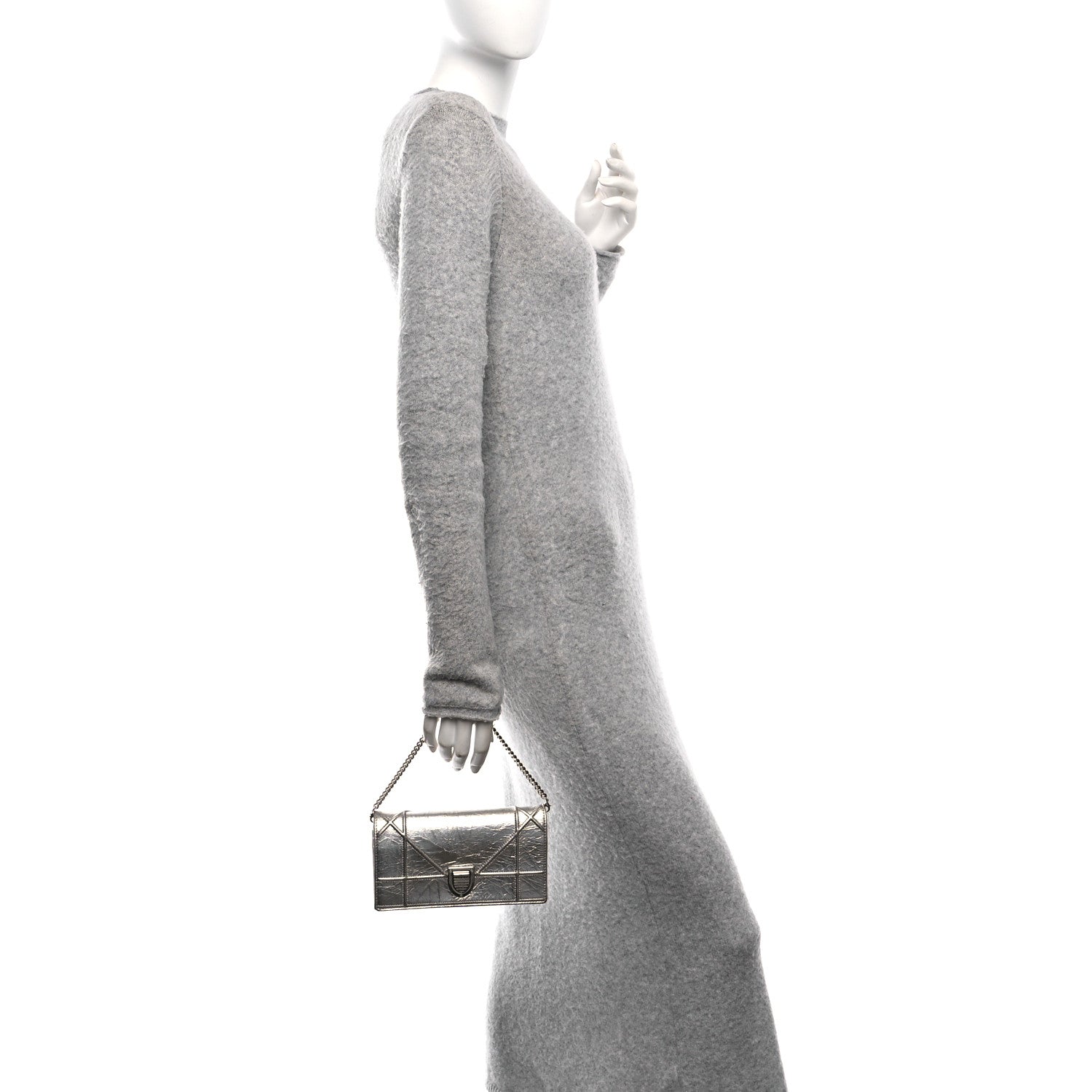 Christian Dior Metallic Crinkled Lambskin Diorama Croisiere Chain Wallet Silver 2 of 18