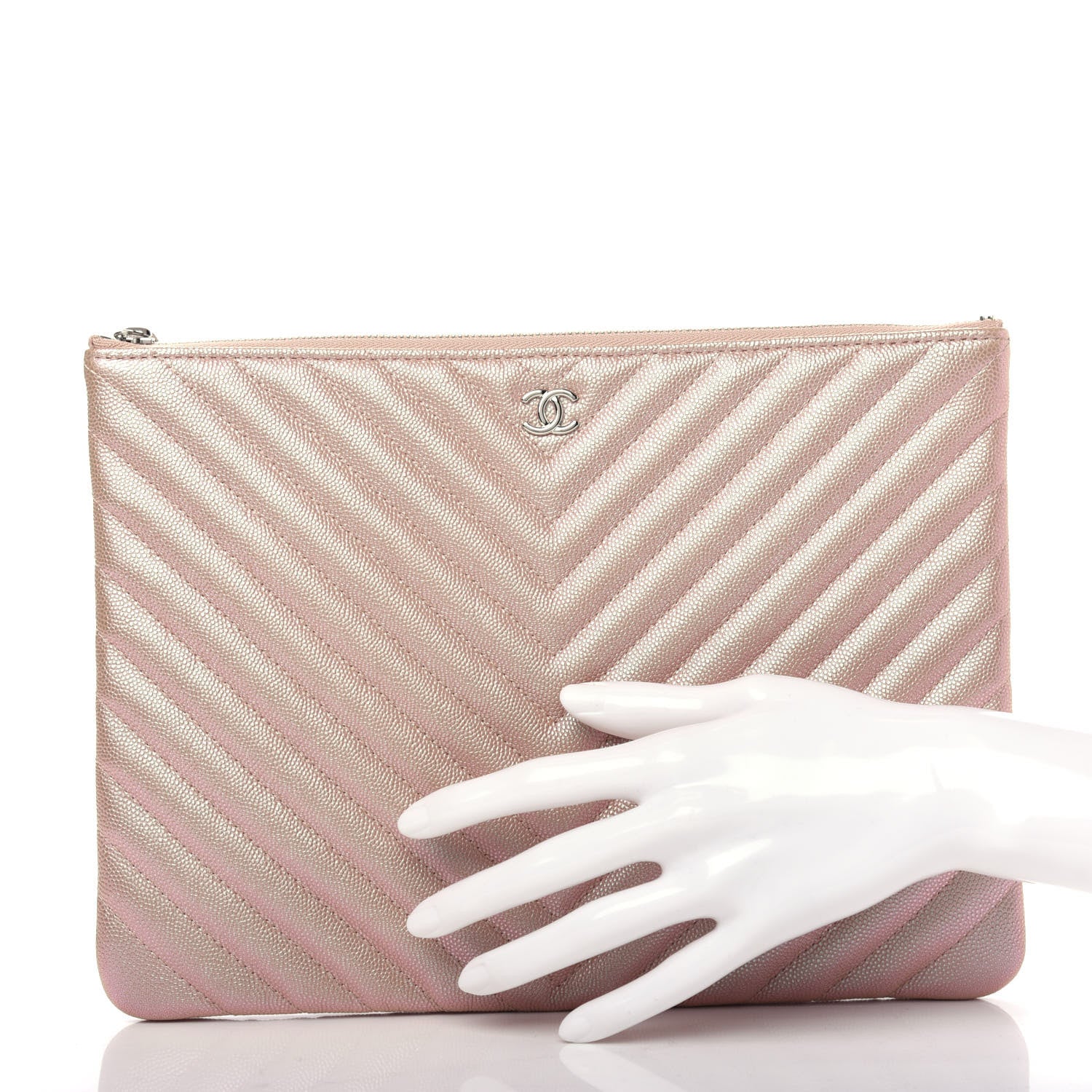 Chanel Iridescent Caviar Chevron Quilted Medium Cosmetic Case Light Gold 2 of 8