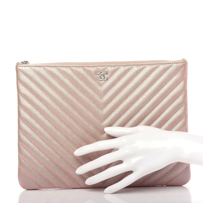 Chanel Iridescent Caviar Chevron Quilted Medium Cosmetic Case Light Gold 2 of 8
