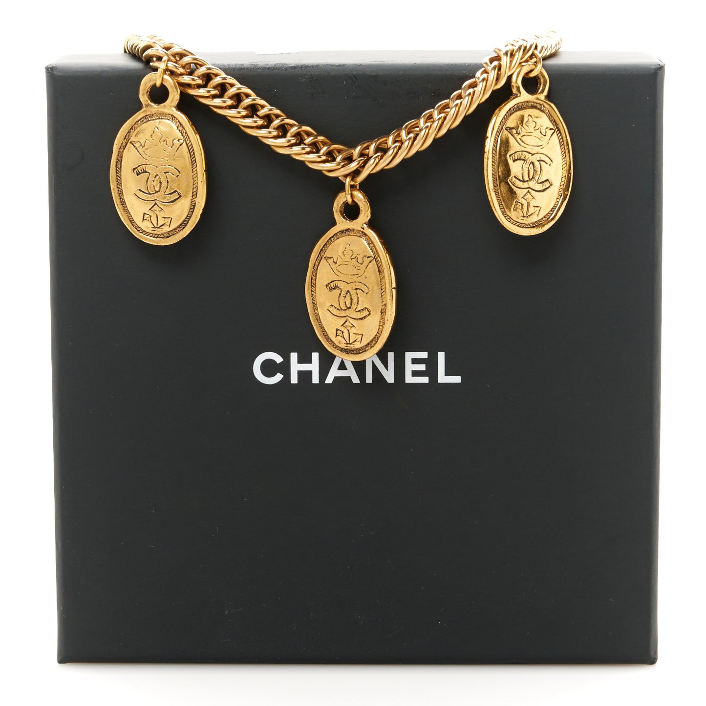 Metal Regal Crown CC Medallion Necklace Aged Gold