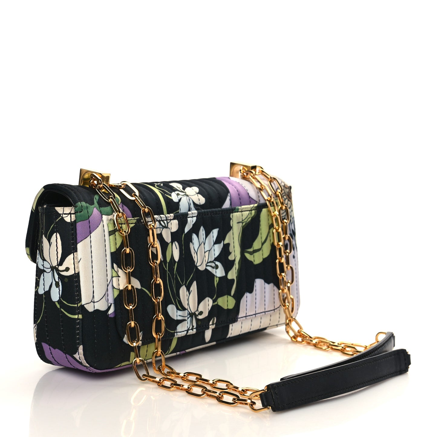 Satin Floral Medium T Clasp Chain Bag Black Multicolor