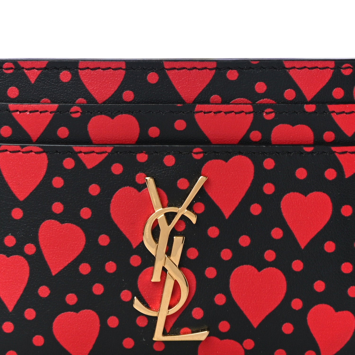 Saint Laurent Calfskin Heart Print Monogram Credit Card Case Black Red 8 of 12