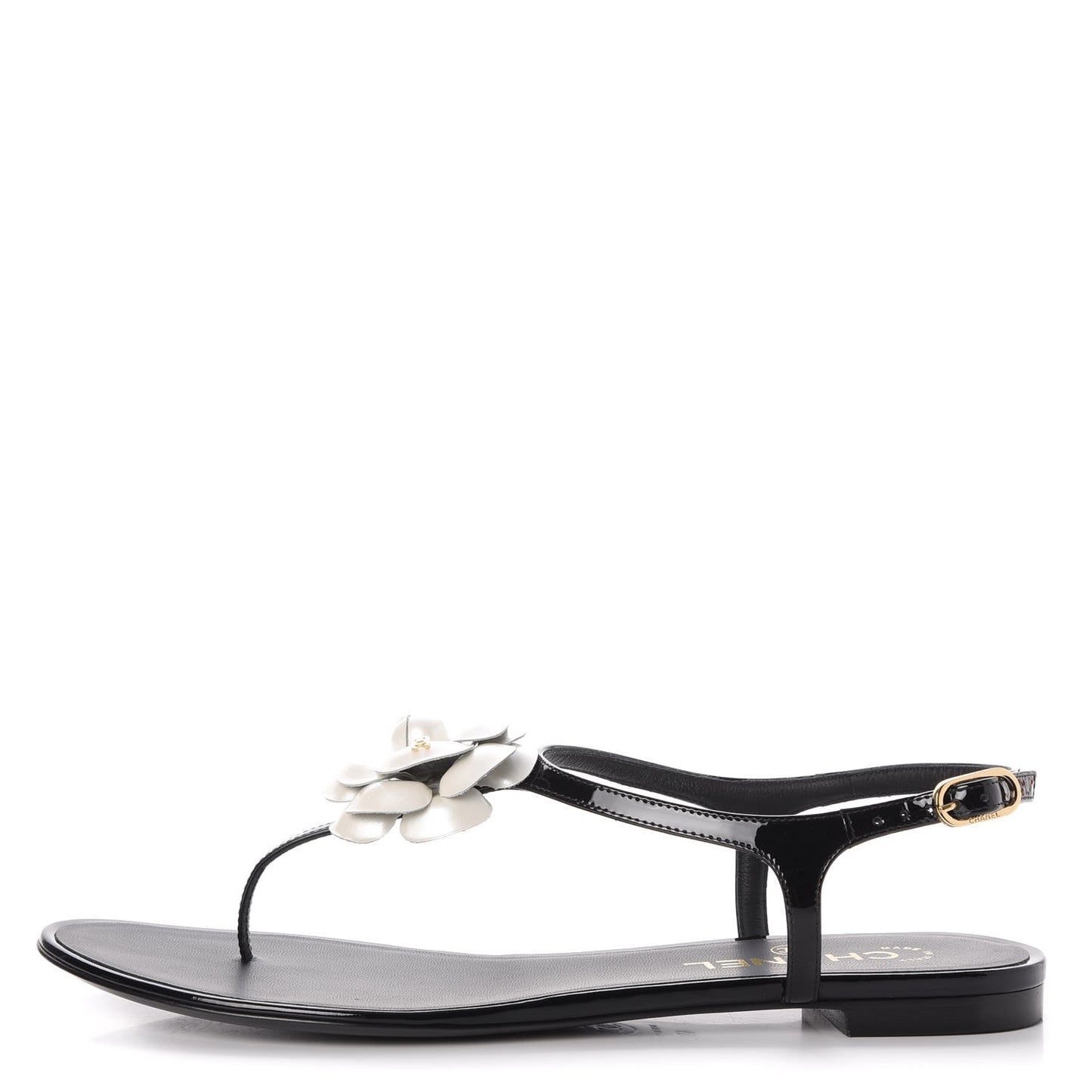Patent Calfskin Camellia Thong Sandals 40 Black White