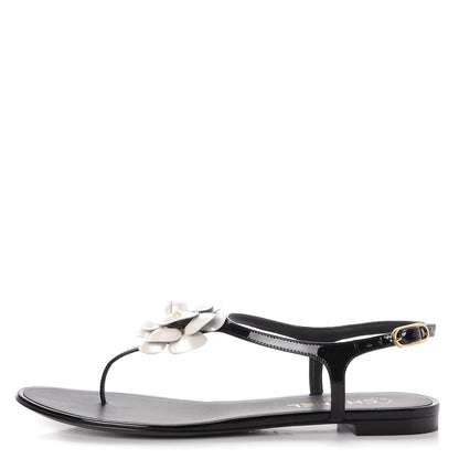 Chanel Patent Calfskin Camellia Thong Sandals 40 Black White 1 of 14