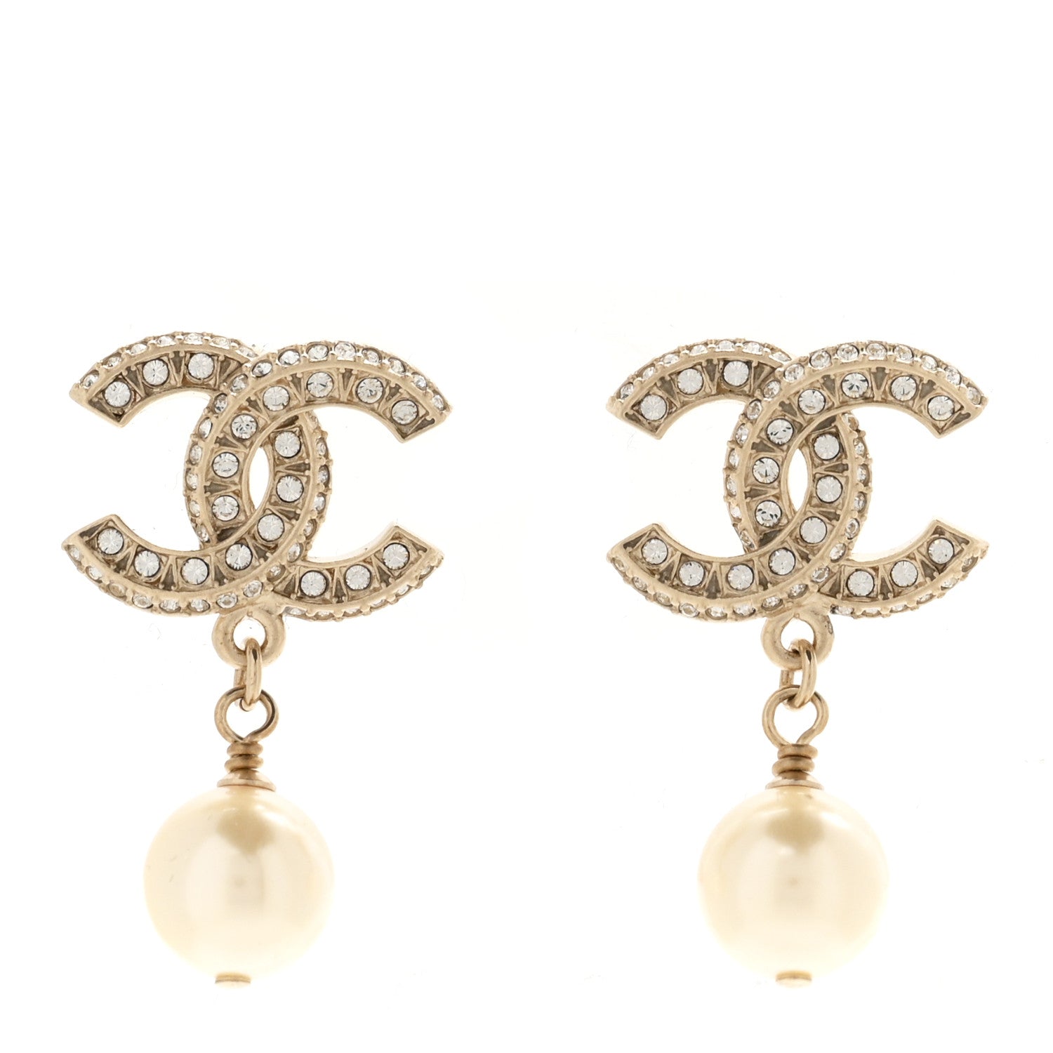 Chanel Crystal Pearl CC Drop Earrings Gold 1 of 5