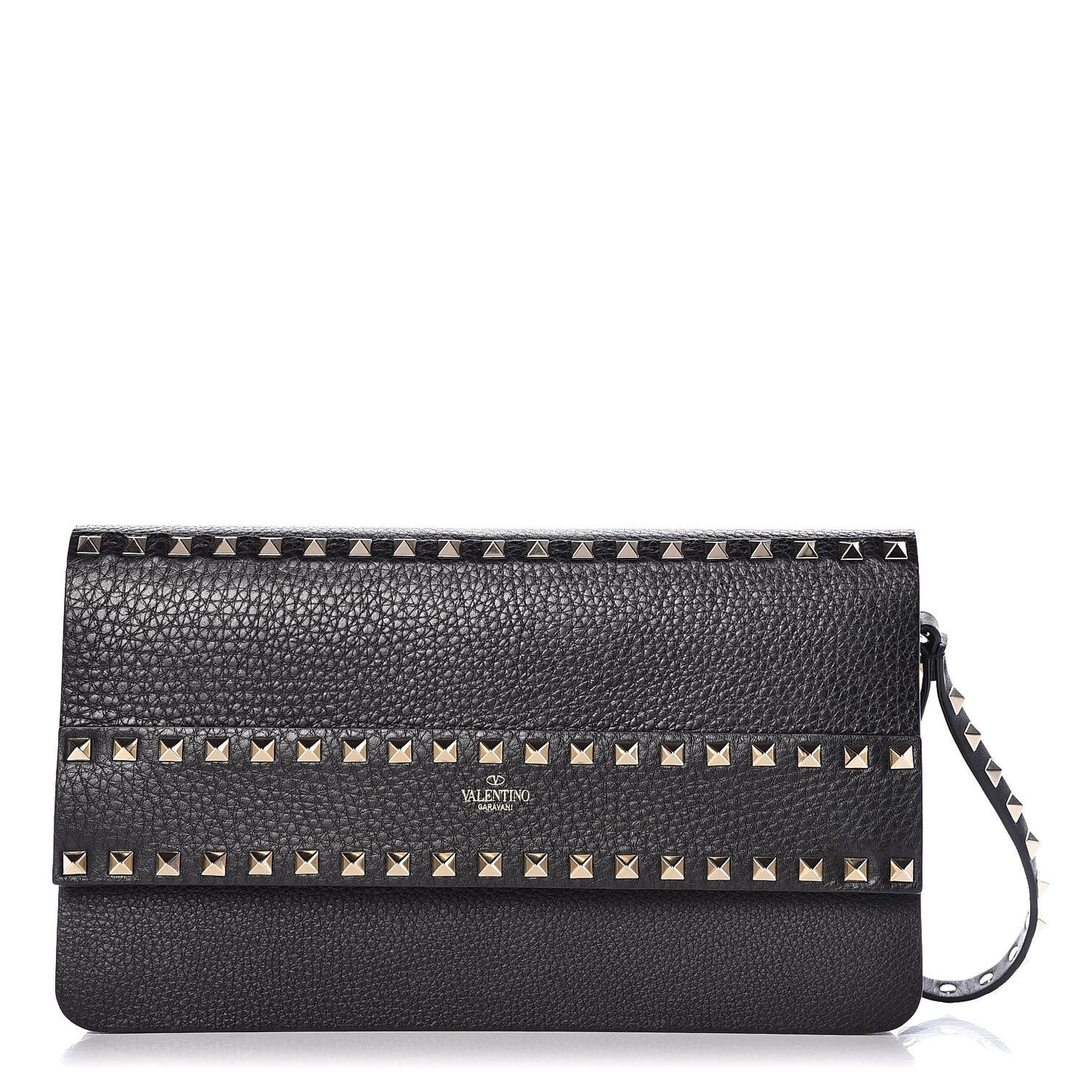 Pebbled Calfskin Rockstud Side Slip Wristlet Clutch Black
