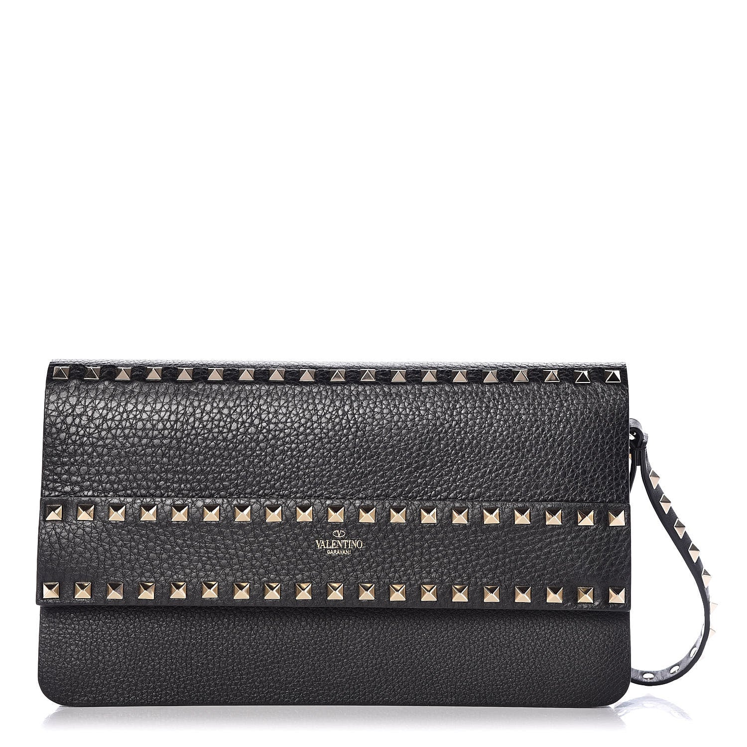 Valentino Garavani Pebbled Calfskin Rockstud Side Slip Wristlet Clutch Black 1 of 9