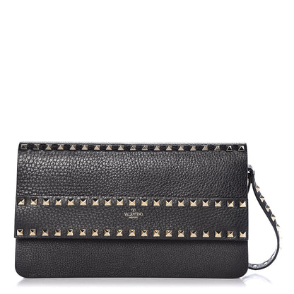 Valentino Garavani Pebbled Calfskin Rockstud Side Slip Wristlet Clutch Black 1 of 9