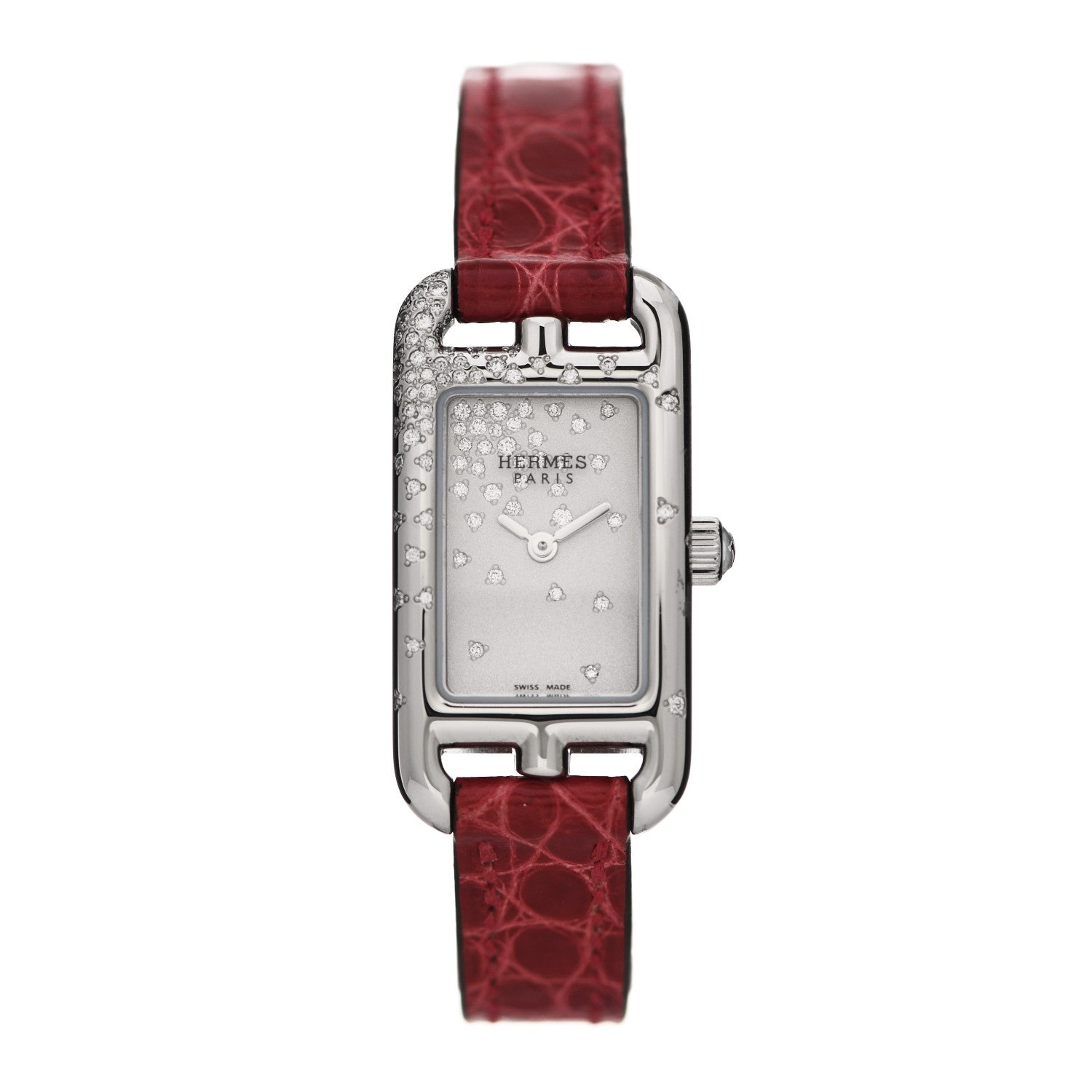 Hermes Stainless Steel Alligator Diamond 17mm Nantucket Jete De Diamants Quartz Watch Braise 1 of 5