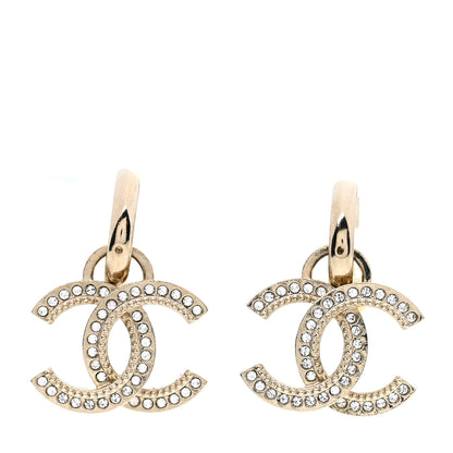 Chanel Metal Crystal Studded CC Hoop Drop Earrings Gold 1 of 5