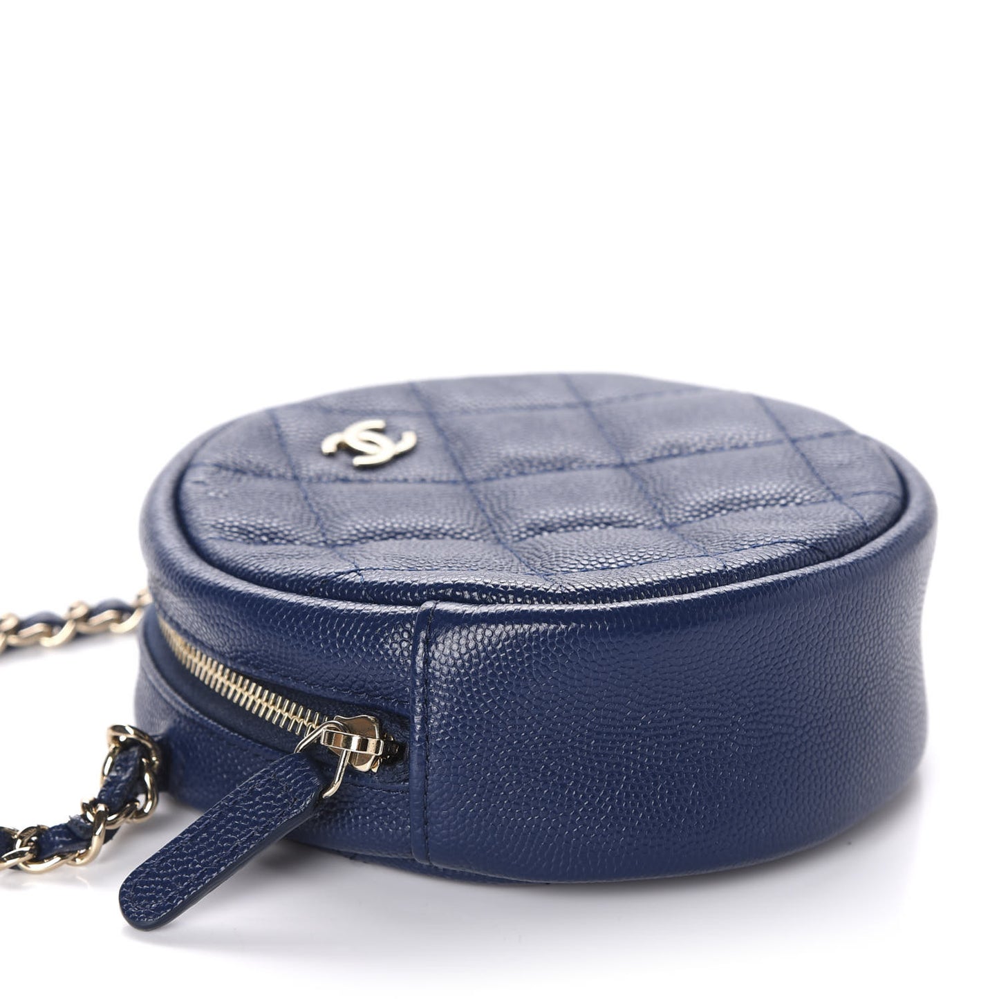 Caviar Quilted Round Clutch With Chain Navy