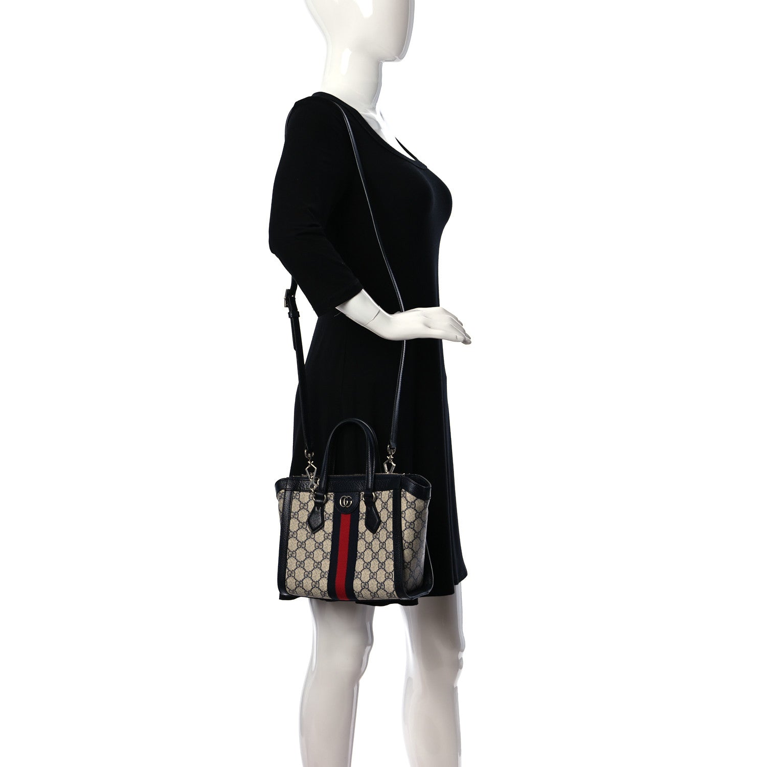 Gucci GG Supreme Monogram Textured Dollar Calfskin Web Small Ophidia Tote Bag Beige Blue 2 of 11