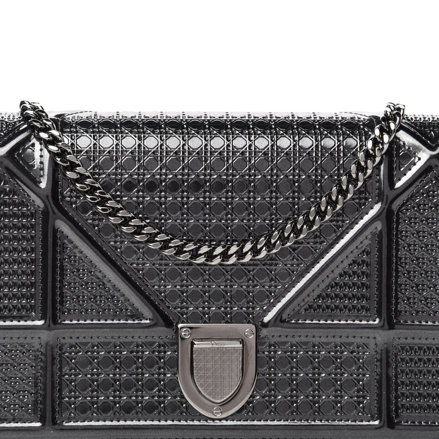 Metallic Patent Micro-Cannage Diorama Wallet on Chain Pouch Onyx Black