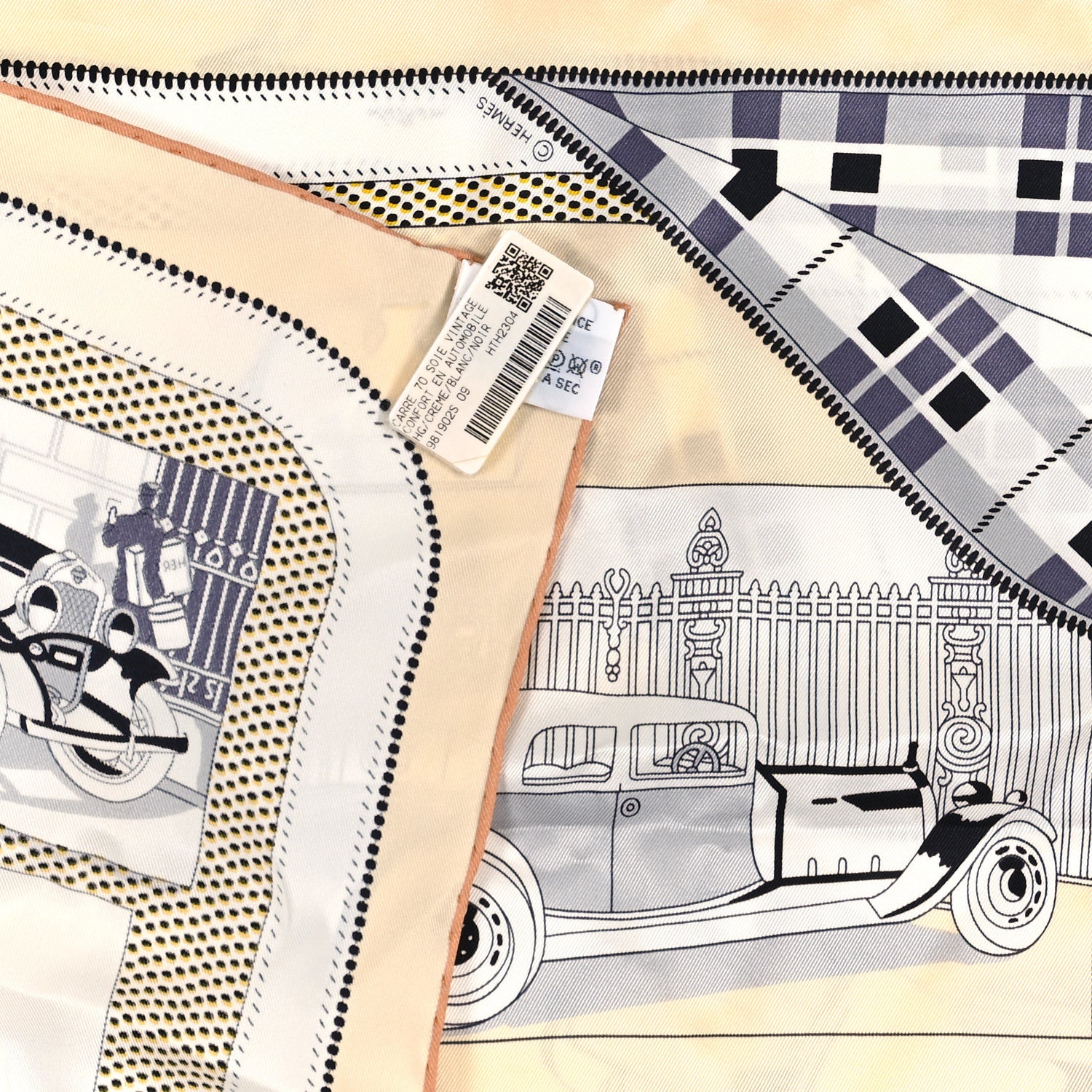 Hermes Silk Confort En Automobile Scarf 70 Creme White Black 2 of 3
