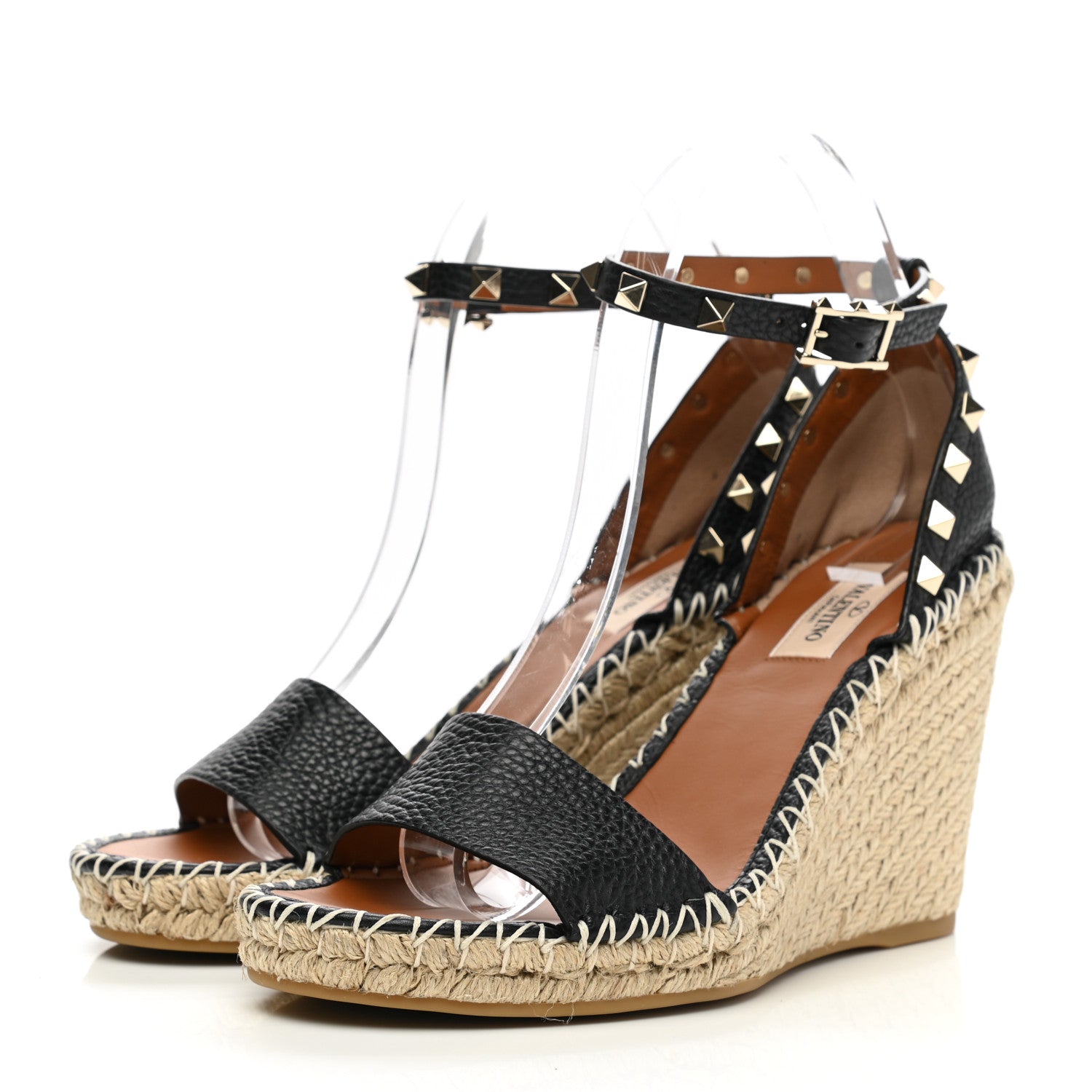 Valentino Garavani Grained Calfskin Rockstud Ankle Strap Espadrille 15/105mm Wedge Sandals 39 Black Light Cuir Natural 3 of 9