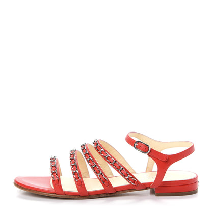 Chanel Lambskin Chain Flat Sandals 37.5 Red 1 of 10