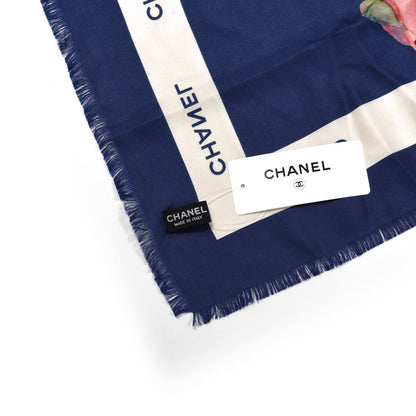 Chanel Silk CC Logo Floral Fringe Scarf Navy Blue 2 of 4