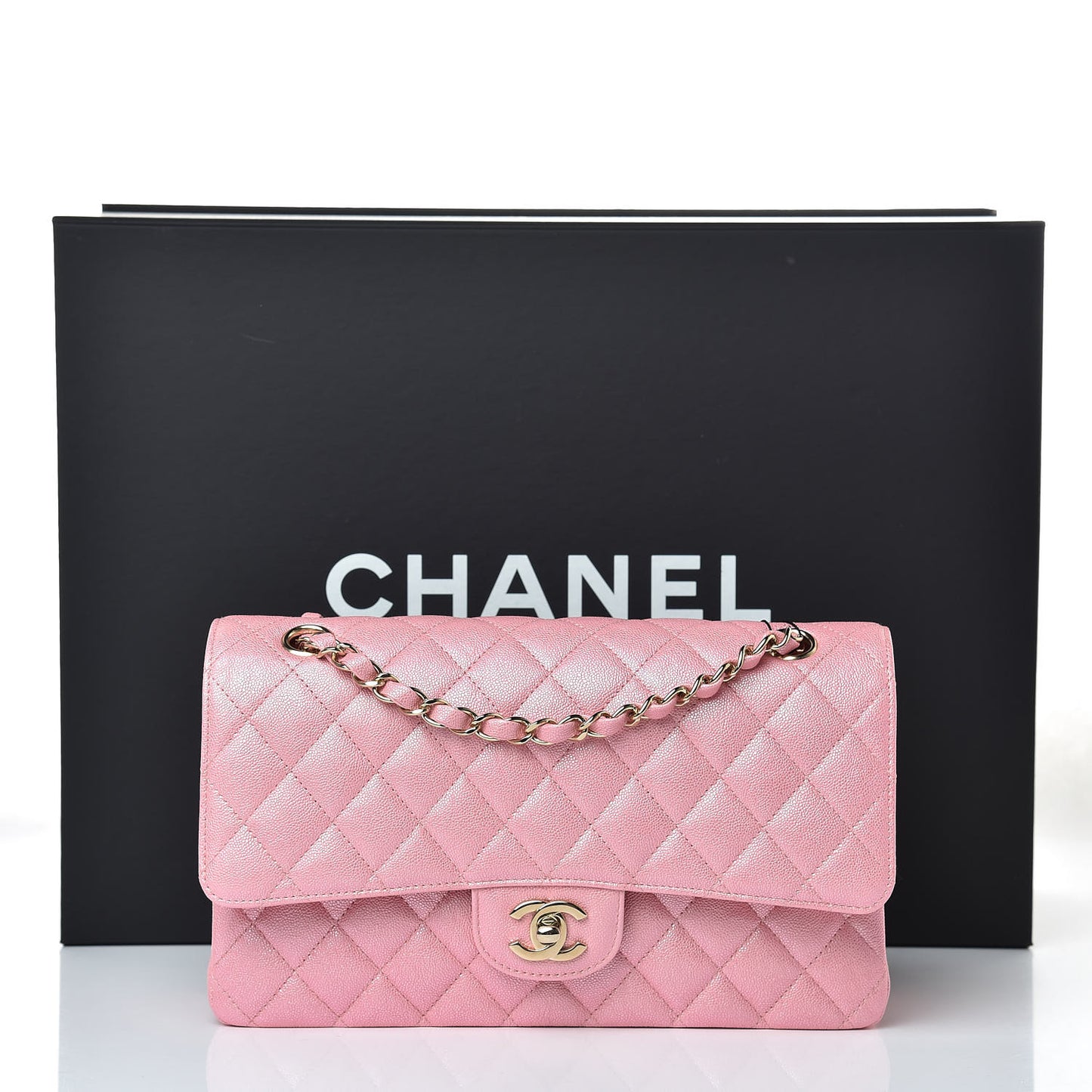 Iridescent Caviar Quilted Medium Double Flap Rose Pink