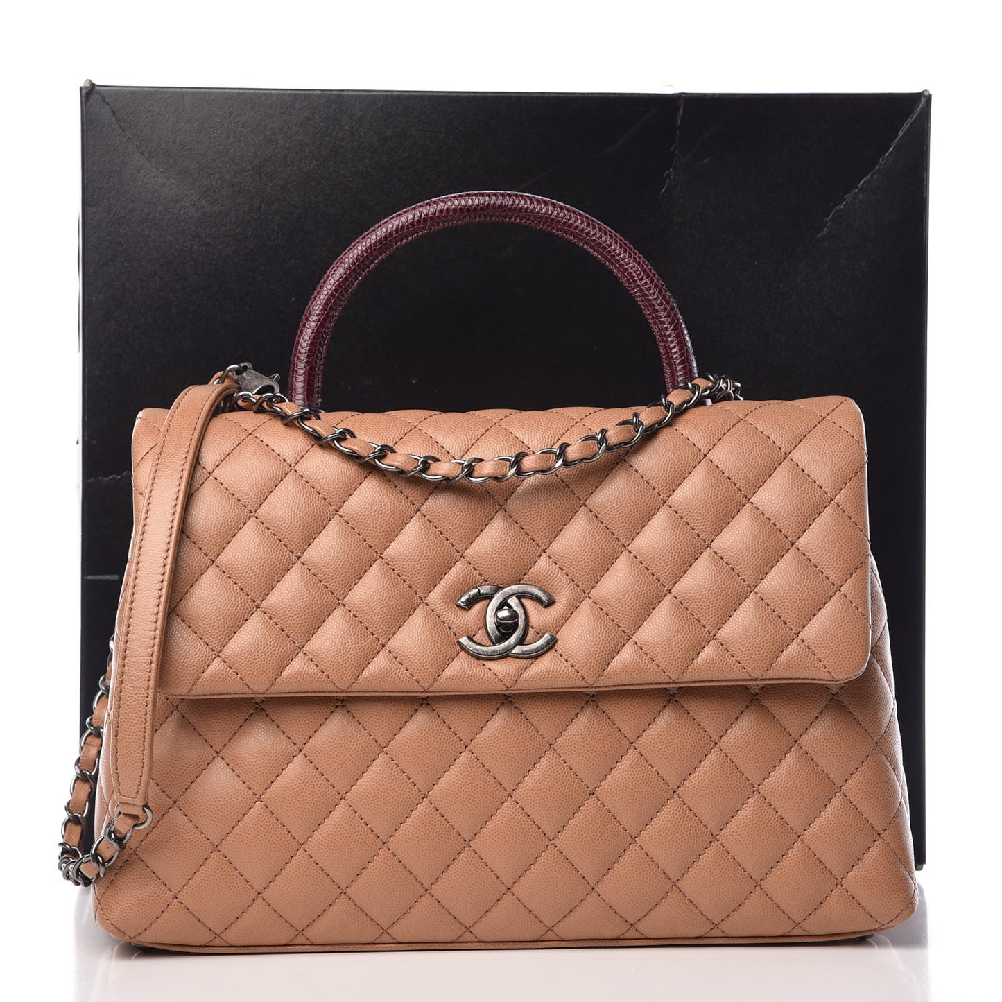Caviar Lizard Quilted Large Coco Handle Flap Beige