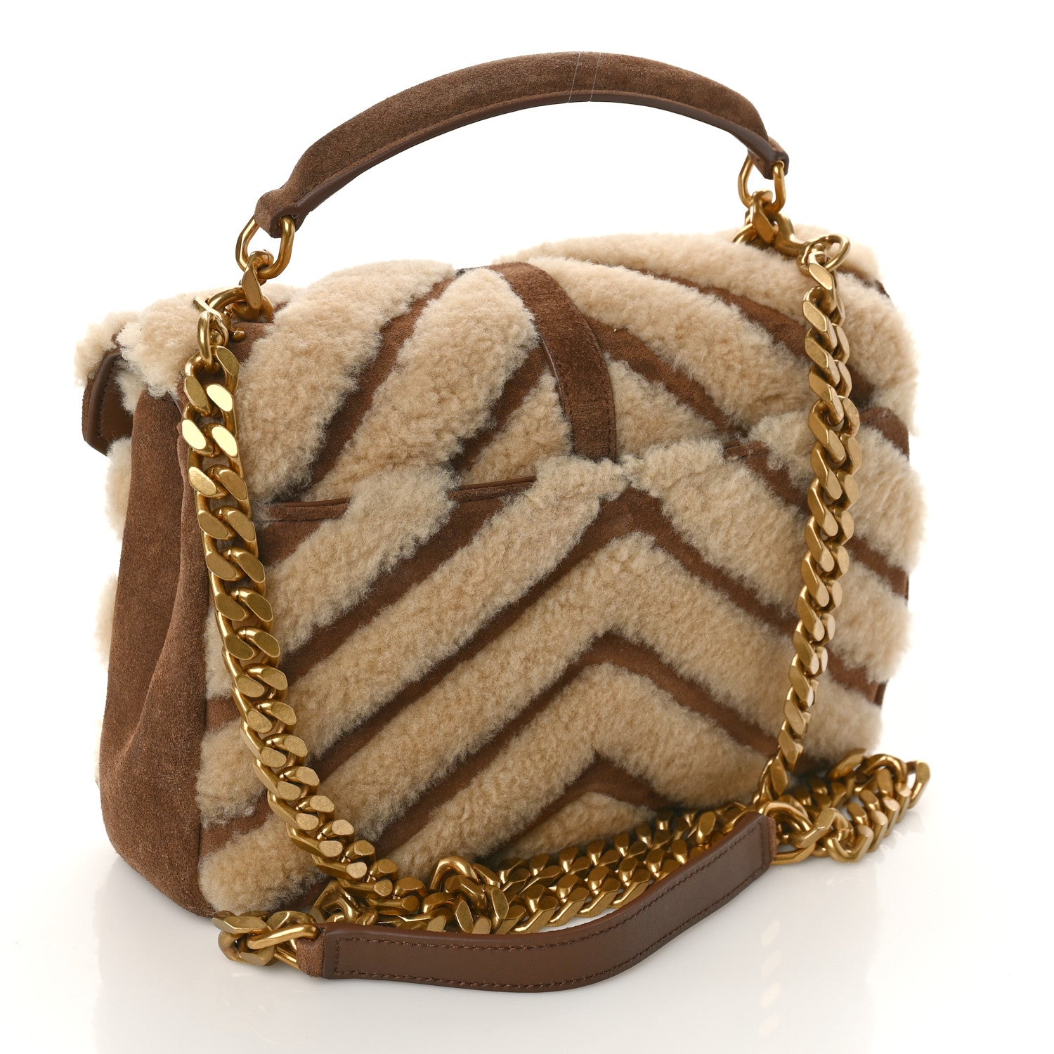 Saint Laurent Nubuck Shearling Chevron Monogram Medium College Bag Dark Cigar Natural Beige 3 of 8